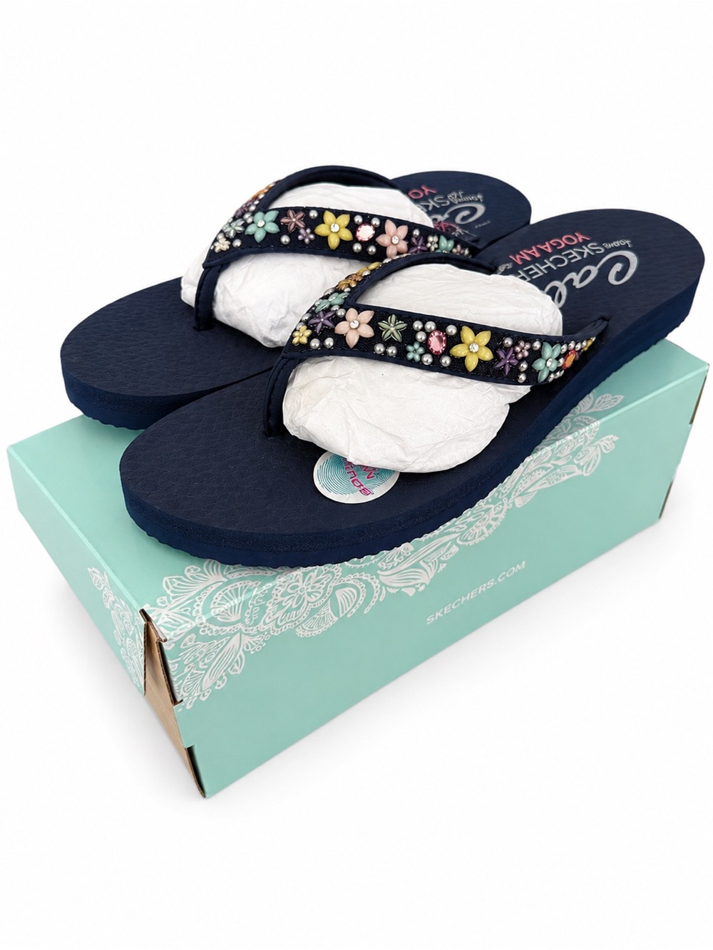 Skechers Navy Floral Embellished Yoga Foam Thong Sandals